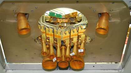 LFI has 2 feedhorns at 30 GHz, 3 at 44 GHz and 6 at 70 GHz, as seen in this photograph taken during integration with HFI in early 2007. (Image credit: ESA)